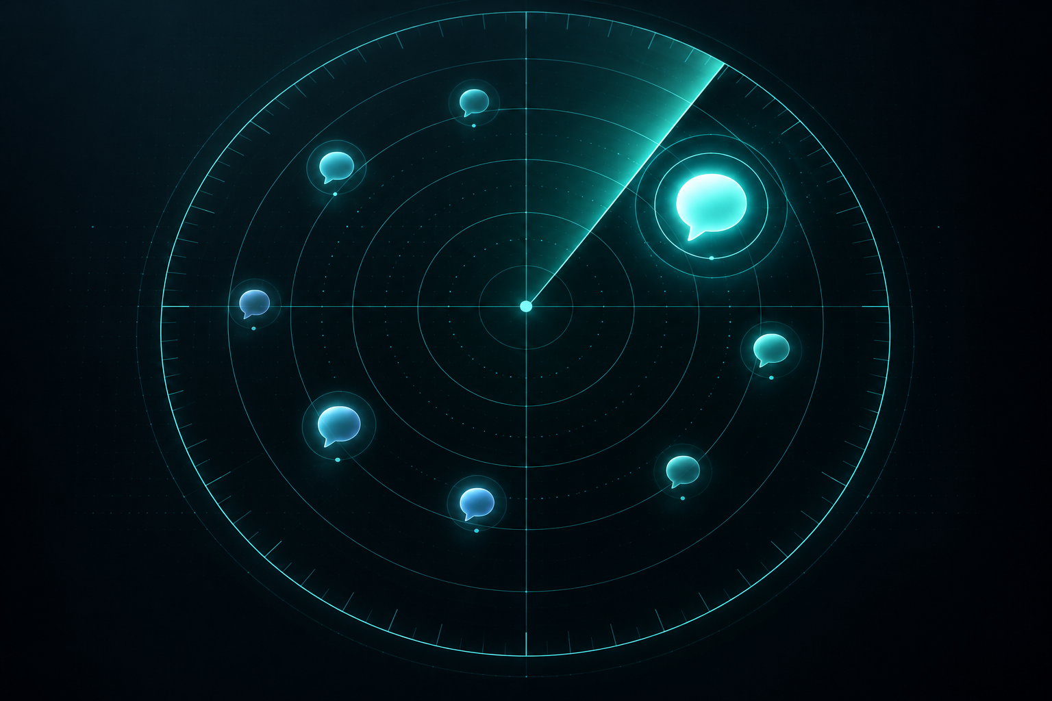 Illustration of a radar tracking brand mentions across AI assistant orbs